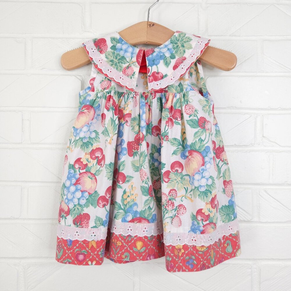 Vintage Martha's Miniatures Sleeveless Fruit Print Dress Lace Accent Collar 12m